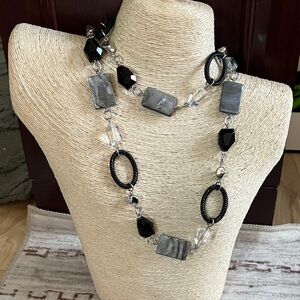 Lia Sophia Black and Gray Long Beaded Link Necklace